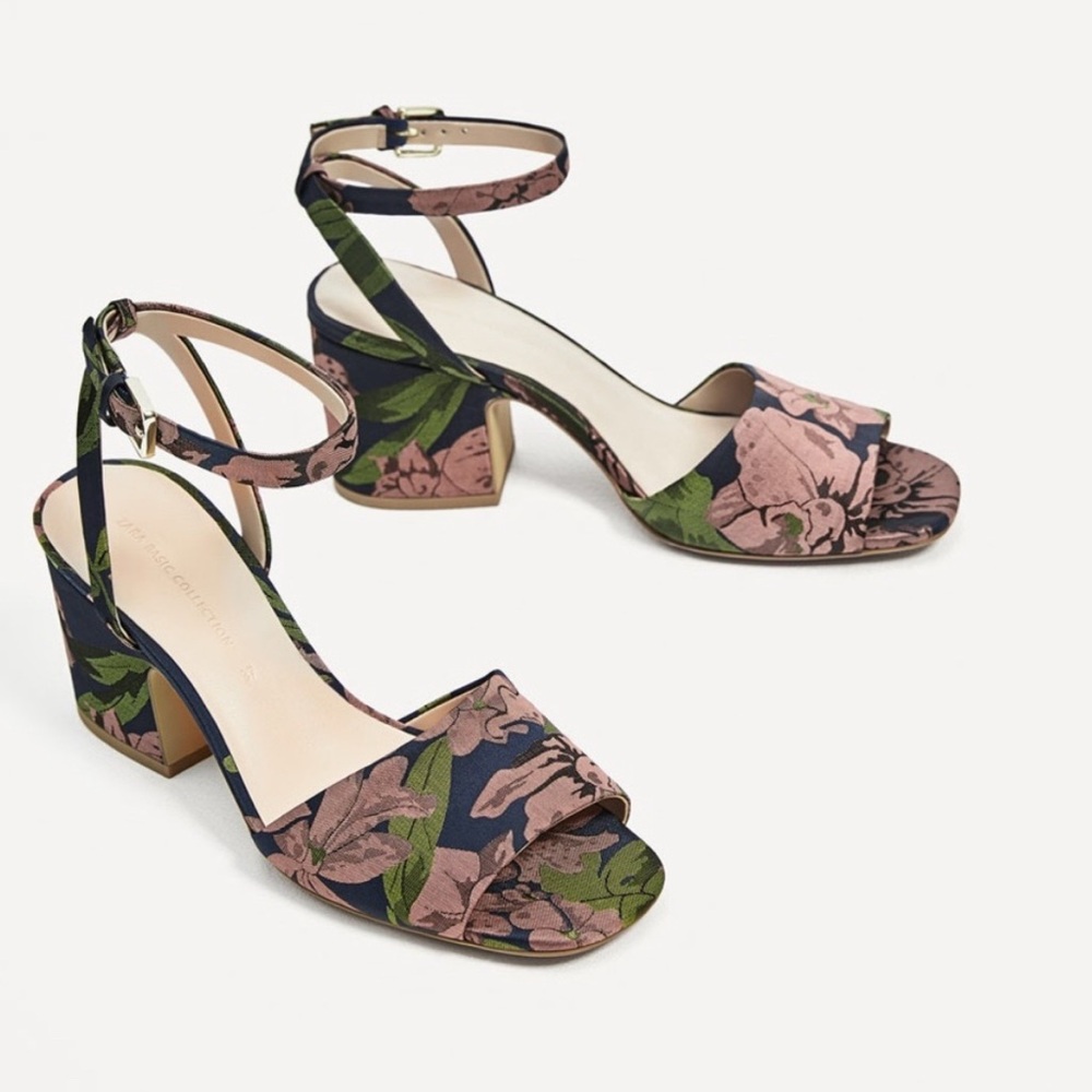 Zara Basic Jacquard Block Heels with floral detail